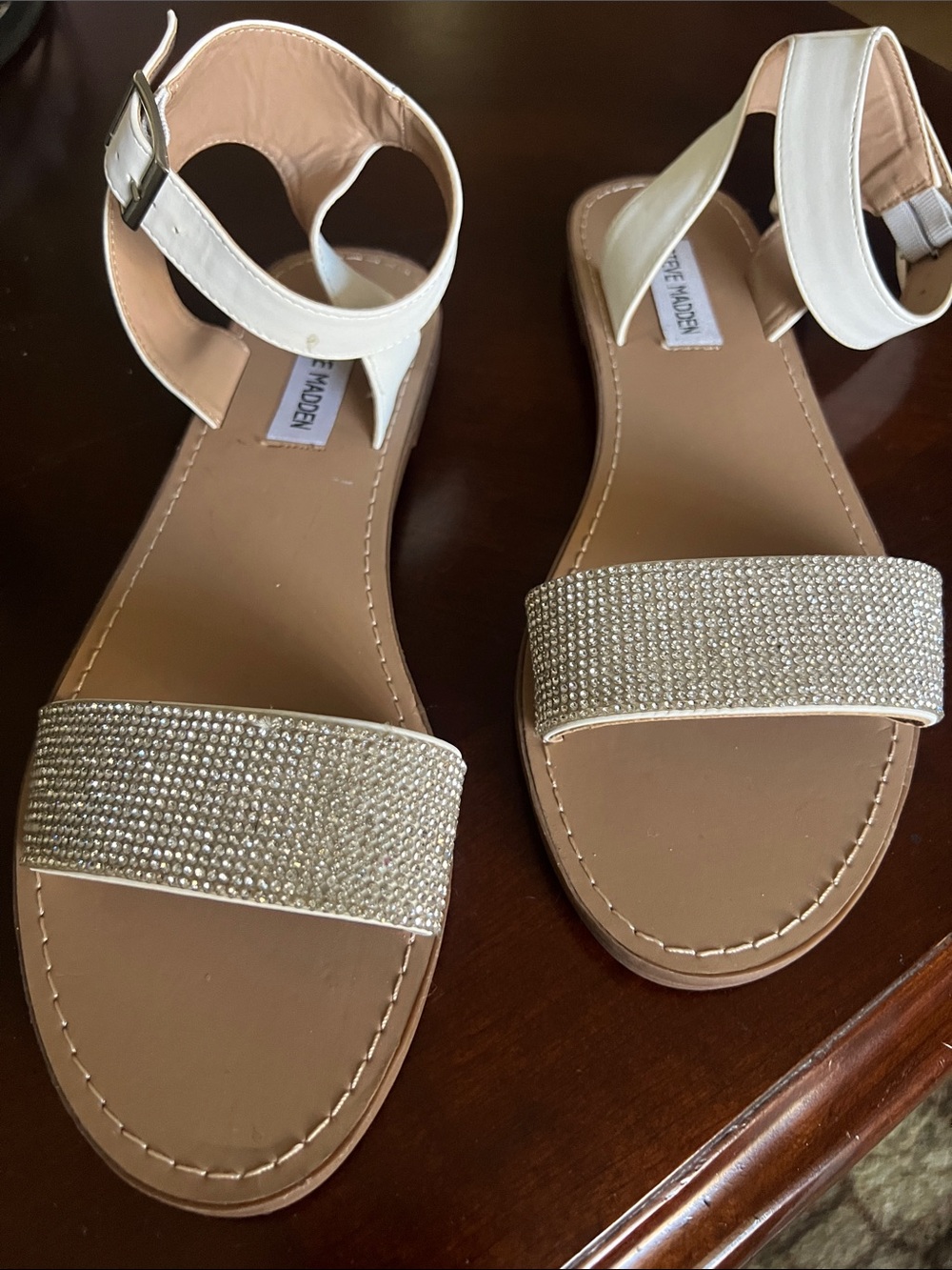 Steve Madden White Crystal-Embellished Ankle-Strap Sandals